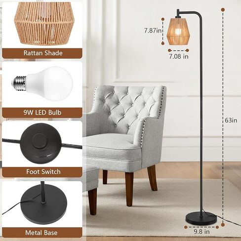Rattan Floor Lamps for Living Room,Boho Floor Lamp with 3 Color Temperatures,Farmhouse Standing lamp with Hand-Worked Wicker shade,Black tall light for Bedroom,Office,Corner(9W LED Bulb Included) in Saudi Arabia