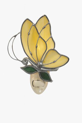 ضوء ليلي من الزجاج الملون على شكل فراشة صفراء - مطلي بالفضة، من Juhlin Glass Studio - لمبة 5 وات متضمنة - قاعدة إضاءة ليلية قياسية in Saudi Arabia