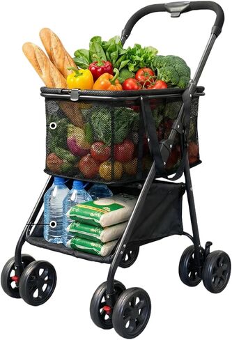 عربة تسوق قابلة للطي، عربة بقالة قابلة للطي شديدة التحمل بسعة 80 رطلًا مع سلة قابلة للإزالة وعجلات دوارة 360 درجة، عربة محمولة قابلة للطي بيد واحدة للبقالة والغسيل والتخييم in Kuwait