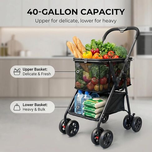 عربة تسوق قابلة للطي، عربة بقالة قابلة للطي شديدة التحمل بسعة 80 رطلًا مع سلة قابلة للإزالة وعجلات دوارة 360 درجة، عربة محمولة قابلة للطي بيد واحدة للبقالة والغسيل والتخييم in Kuwait