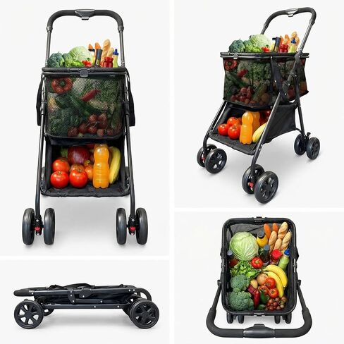 عربة تسوق قابلة للطي، عربة بقالة قابلة للطي شديدة التحمل بسعة 80 رطلًا مع سلة قابلة للإزالة وعجلات دوارة 360 درجة، عربة محمولة قابلة للطي بيد واحدة للبقالة والغسيل والتخييم in Kuwait