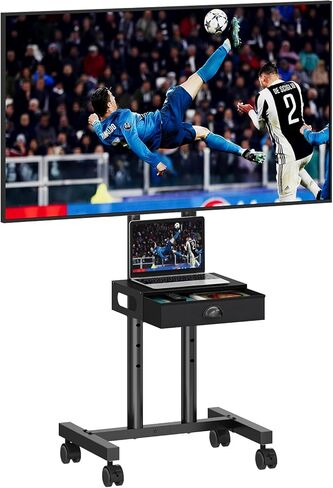 حامل تلفزيون دوار مع درج لأجهزة التلفاز مقاس 32-75 بوصة، وعربة تلفزيون متنقلة بعجلات 360 درجة ورف قابل للتعديل للارتفاع للمنزل والمكتب، بحد أقصى 600 × 400 مم، أسود in Kuwait