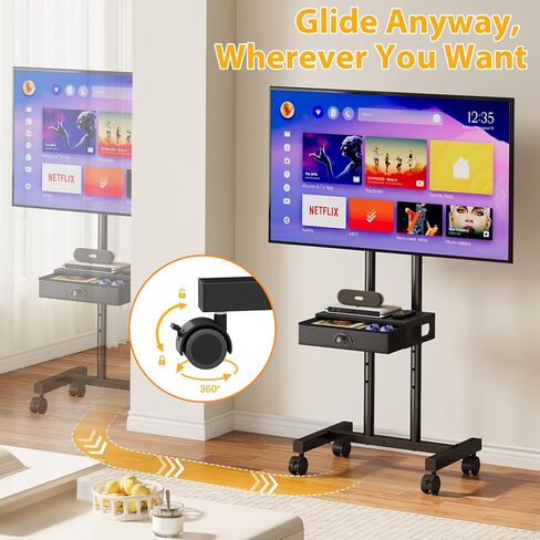 حامل تلفزيون دوار مع درج لأجهزة التلفاز مقاس 32-75 بوصة، وعربة تلفزيون متنقلة بعجلات 360 درجة ورف قابل للتعديل للارتفاع للمنزل والمكتب، بحد أقصى 600 × 400 مم، أسود in Kuwait