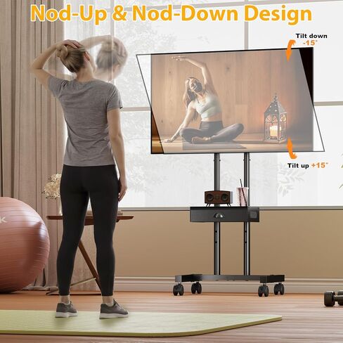حامل تلفزيون دوار مع درج لأجهزة التلفاز مقاس 32-75 بوصة، وعربة تلفزيون متنقلة بعجلات 360 درجة ورف قابل للتعديل للارتفاع للمنزل والمكتب، بحد أقصى 600 × 400 مم، أسود in Kuwait