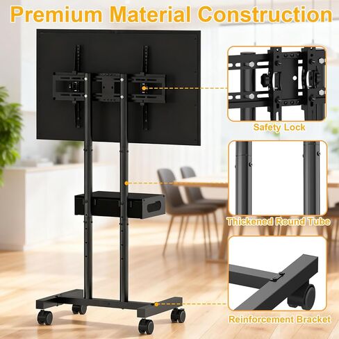 حامل تلفزيون دوار مع درج لأجهزة التلفاز مقاس 32-75 بوصة، وعربة تلفزيون متنقلة بعجلات 360 درجة ورف قابل للتعديل للارتفاع للمنزل والمكتب، بحد أقصى 600 × 400 مم، أسود in Kuwait
