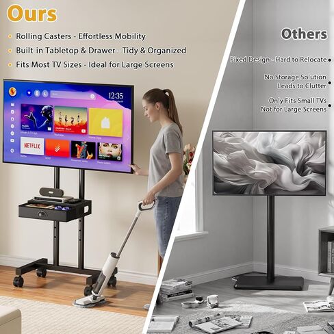 حامل تلفزيون دوار مع درج لأجهزة التلفاز مقاس 32-75 بوصة، وعربة تلفزيون متنقلة بعجلات 360 درجة ورف قابل للتعديل للارتفاع للمنزل والمكتب، بحد أقصى 600 × 400 مم، أسود in Kuwait