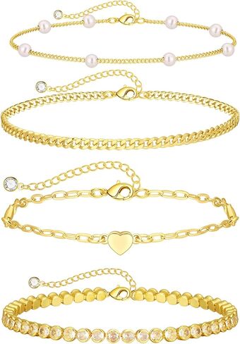 Gold Bracelets for Women,14K Gold Plated Dainty Bracelet Chain Sets Stackable Bracelets for Women Adjustable Bracelet Pack Gifts for Women Girls in Kuwait