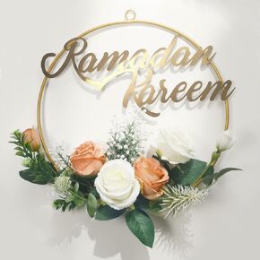 إكليل رمضان كريم للباب الأمامي، إكليل زهور معدني مع زهور صناعية، ديكورات رمضان للمنزل، إكليل معلق للعيد لنافذة الحائط وديكور داخلي وخارجي in Kuwait