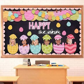 89 Pcs Easter Egg Bulletin Board Decorations Set Spring Bulletin Board Decorations for Classroom Happy Easter DIY Photo Backdrop Cutouts with Glue Point for Classroom Wall Office Decor in Kuwait