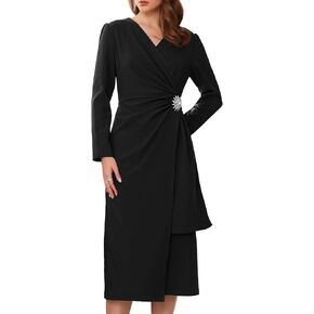 Women's Wrap Dress Cocktail Ruched V Neck Elegant Formal Long Sleeve Sheath Dresses in Kuwait