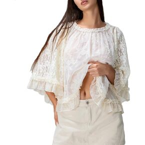 قميص نسائي بوهو من الدانتيل المتدفق بأكمام واسعة وكشكشة شفافة غير رسمية فضفاضة شفافة لتغطية بلوزة الصيف ملابس الشاطئ in Kuwait