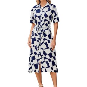 BROVAVE المرأة 2024 الصيف قصيرة الأكمام قميص اللباس التعادل الخصر زر أسفل الحيوانات الملمس عارضة ميدي اللباس in Kuwait