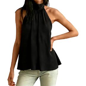 Women Chiffon Halter Tank Top Sexy Sleeveless Mock Neck Bubble Hem Tops Going Out Backless Shirts in Kuwait