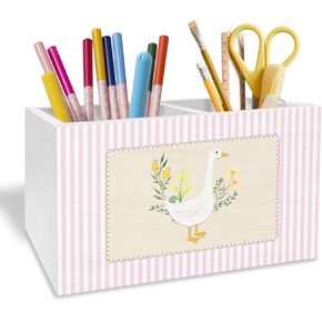 Pink Floral Goose Pen Pencil Holder for Desk, Goose Nursery Decor, Pink and White Striped Flower Geese Wooden Box Sign Desk Decor for Kids Girls Room Nursery Playroom Decoration in Saudi Arabia