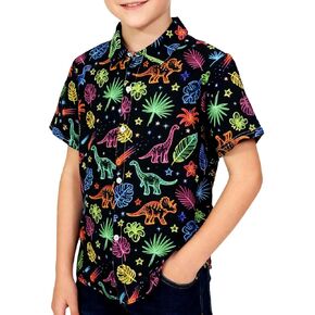 قمصان بأزرار سفلية على شكل ديناصور هاواي للأطفال، سترة استوائية بتصميم حيوانات نيون ريترو، قمصان للشاطئ للأولاد والبنات من عمر 5 إلى 12 سنة in Kuwait