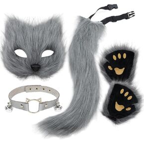 Furry Costume Therian Mask and Tail Kit, Atiofber Wolf Fox Set Fox Paws Gloves Costume Cosplay for Women Halloween in Saudi Arabia