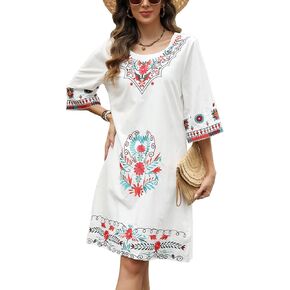 Higustar Mexican Embroidered Dress Summer Cotton Bohemian Flower Peasant Traditional Mexico Fiesta Boho Dresses for Women in Kuwait