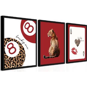 مؤطرة العصرية ليوبارد جدار الفن مجموعة من 3، الأحمر غير تقليدي لوحات ديكور الحائط الفهد Preppy، محظوظ 8 ديكور الغرفة الجمالية يطبع صور للفتيات غرفة نوم شقة النوم 12x16 بوصة الإطار الأسود in Kuwait