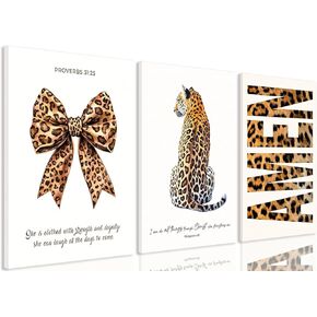 3Pcs Trendy Leopard Canvas Wall Art, Funky Inspirational Bible Quotes Lucky Bow Posters Prints Preppy Room Aesthetic Cheetah Wall Decor Pictures for Bedroom bathroom livingroom office12x16in Framed in Saudi Arabia