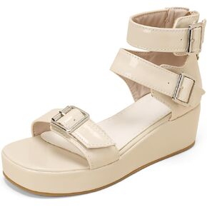 Women's Gothic Platform Wedge Pumps, Patent Leather Heels Punk Sandals with Triple Metal Buckle Ankle Straps and Back Zipper in Kuwait