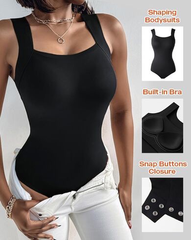 Womens Built in Bra Seamless Tank Top Square Neck Sleeveless Bodysuit Slim Fit Basic Shapewear Undershirt in Saudi Arabia