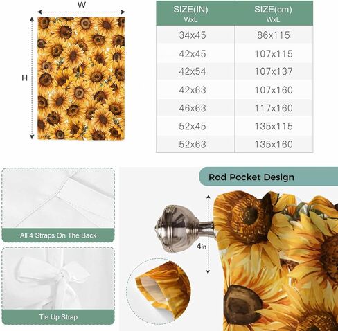Yellow Sunflowers Tie Up Curtains for Window, Watercolor Floral Flowers Vintage Thermal Insulated Balloon Shade Adjustable Rod Pocket Curtains Valance Panels for Kitchen Bathroom Café 42'' x 45'' in Saudi Arabia