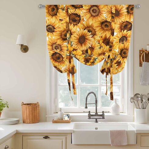 Yellow Sunflowers Tie Up Curtains for Window, Watercolor Floral Flowers Vintage Thermal Insulated Balloon Shade Adjustable Rod Pocket Curtains Valance Panels for Kitchen Bathroom Café 42'' x 45'' in Saudi Arabia