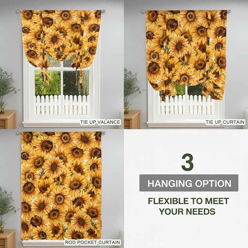 Yellow Sunflowers Tie Up Curtains for Window, Watercolor Floral Flowers Vintage Thermal Insulated Balloon Shade Adjustable Rod Pocket Curtains Valance Panels for Kitchen Bathroom Café 42'' x 45'' in Saudi Arabia