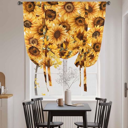 Yellow Sunflowers Tie Up Curtains for Window, Watercolor Floral Flowers Vintage Thermal Insulated Balloon Shade Adjustable Rod Pocket Curtains Valance Panels for Kitchen Bathroom Café 42'' x 45'' in Saudi Arabia