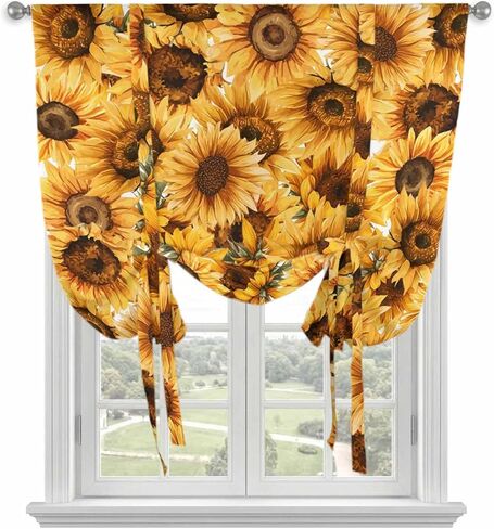 Yellow Sunflowers Tie Up Curtains for Window, Watercolor Floral Flowers Vintage Thermal Insulated Balloon Shade Adjustable Rod Pocket Curtains Valance Panels for Kitchen Bathroom Café 42'' x 45'' in Saudi Arabia