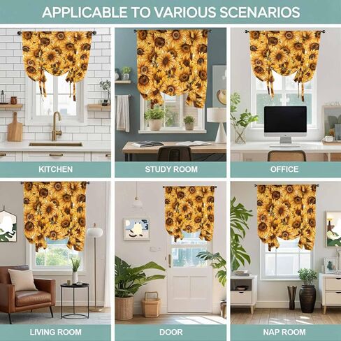 Yellow Sunflowers Tie Up Curtains for Window, Watercolor Floral Flowers Vintage Thermal Insulated Balloon Shade Adjustable Rod Pocket Curtains Valance Panels for Kitchen Bathroom Café 42'' x 45'' in Saudi Arabia