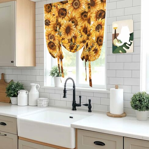 Yellow Sunflowers Tie Up Curtains for Window, Watercolor Floral Flowers Vintage Thermal Insulated Balloon Shade Adjustable Rod Pocket Curtains Valance Panels for Kitchen Bathroom Café 42'' x 45'' in Saudi Arabia
