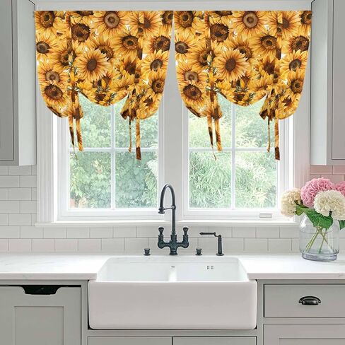 Yellow Sunflowers Tie Up Curtains for Window, Watercolor Floral Flowers Vintage Thermal Insulated Balloon Shade Adjustable Rod Pocket Curtains Valance Panels for Kitchen Bathroom Café 42'' x 45'' in Saudi Arabia