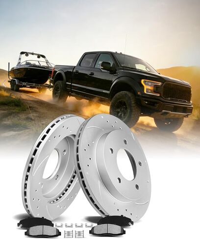 طقم الفرامل الأمامية MOTOREVO لـ F-150 - يناسب 2010-2014 (6 عروات فقط) و2015-2020 (جميع الموديلات) | دوارات عالية التحمل محفورة ومشقوقة لتبديد الحرارة والقطر بسرعة in Kuwait