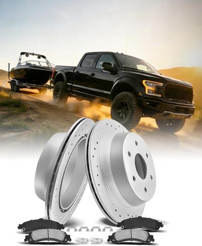 طقم الفرامل الأمامية MOTOREVO لـ F-150 - يناسب 2010-2014 (6 عروات فقط) و2015-2020 (جميع الموديلات) | دوارات عالية التحمل محفورة ومشقوقة لتبديد الحرارة والقطر بسرعة in Kuwait