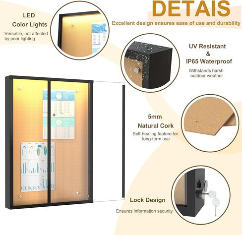 24"X36" Enclosed Bulletin Board with LED Lights, IP65 Waterproof Notice Board Outdoor UV-Resistant, Lockable Cork Bulletin Board for Office, School, Restaurants in Kuwait