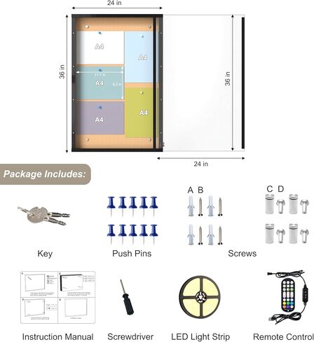 24"X36" Enclosed Bulletin Board with LED Lights, IP65 Waterproof Notice Board Outdoor UV-Resistant, Lockable Cork Bulletin Board for Office, School, Restaurants in Kuwait