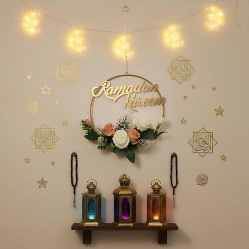 إكليل رمضان كريم للباب الأمامي، إكليل زهور معدني مع زهور صناعية، ديكورات رمضان للمنزل، إكليل معلق للعيد لنافذة الحائط وديكور داخلي وخارجي in Kuwait