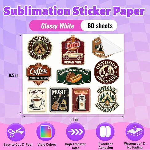Joyclub Sublimation Sticker Paper, 60 Sheets 8.5x11 White Waterproof Glossy Sticker Paper Vinyl for Sublimation Inkjet Printer and Heat Press, High Transfer for Tumblers, Mugs and Labels in Kuwait