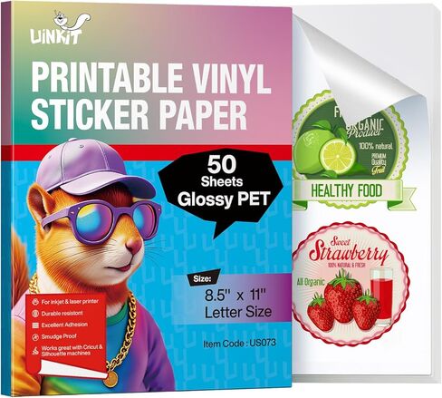 Uinkit 50 Sheets Premium Glossy Printable Vinyl Sticker Paper Durability Adhesive Paper 8.5 x 11, in Kuwait
