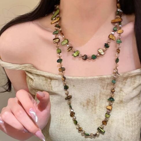 Olive Brown Shell Nugget and Glass Crystal Bead Necklace for Women | Adjustable Bohemian Choker, Light Luxury Minimalist Style, Great Jewelry Gift in Saudi Arabia
