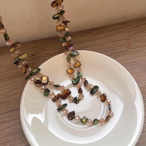 Olive Brown Shell Nugget and Glass Crystal Bead Necklace for Women | Adjustable Bohemian Choker, Light Luxury Minimalist Style, Great Jewelry Gift in Saudi Arabia