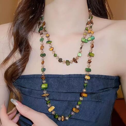 Olive Brown Shell Nugget and Glass Crystal Bead Necklace for Women | Adjustable Bohemian Choker, Light Luxury Minimalist Style, Great Jewelry Gift in Saudi Arabia
