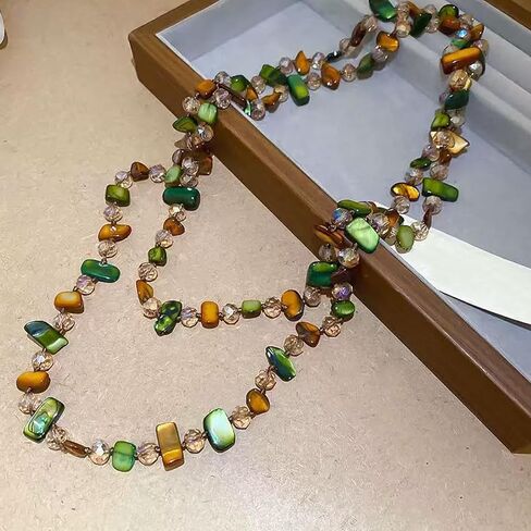 Olive Brown Shell Nugget and Glass Crystal Bead Necklace for Women | Adjustable Bohemian Choker, Light Luxury Minimalist Style, Great Jewelry Gift in Saudi Arabia