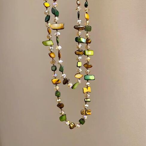 Olive Brown Shell Nugget and Glass Crystal Bead Necklace for Women | Adjustable Bohemian Choker, Light Luxury Minimalist Style, Great Jewelry Gift in Saudi Arabia