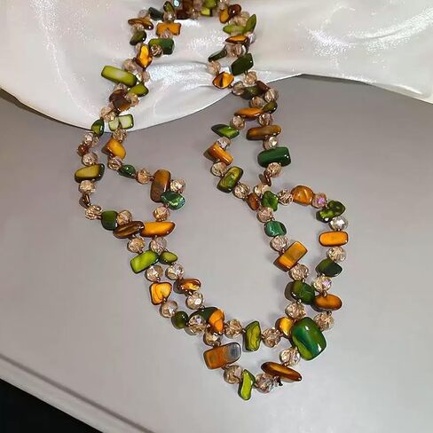 Olive Brown Shell Nugget and Glass Crystal Bead Necklace for Women | Adjustable Bohemian Choker, Light Luxury Minimalist Style, Great Jewelry Gift in Saudi Arabia