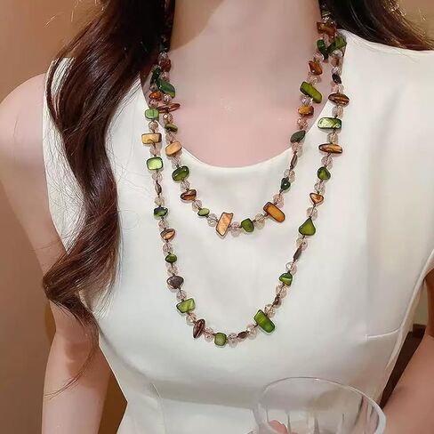 Olive Brown Shell Nugget and Glass Crystal Bead Necklace for Women | Adjustable Bohemian Choker, Light Luxury Minimalist Style, Great Jewelry Gift in Saudi Arabia