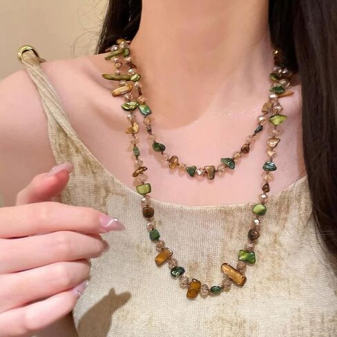Olive Brown Shell Nugget and Glass Crystal Bead Necklace for Women | Adjustable Bohemian Choker, Light Luxury Minimalist Style, Great Jewelry Gift in Saudi Arabia