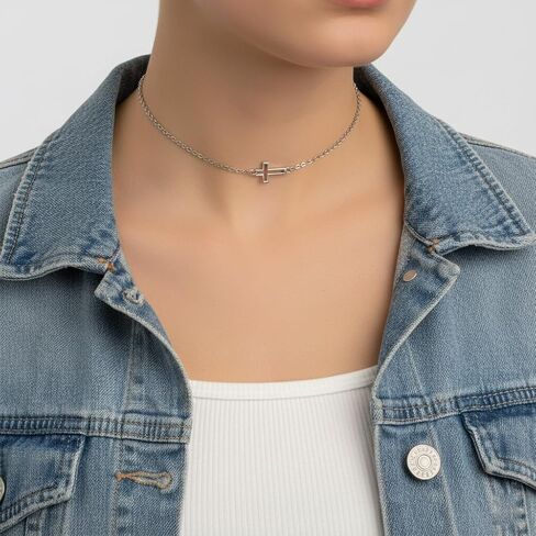 EnCharmed Stainless Steel Sideways Cross Dainty Choker, Handmade Minimal Layering Adjustable Necklace 14-16 Inches in Saudi Arabia