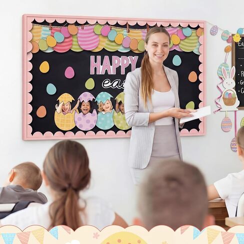 89 Pcs Easter Egg Bulletin Board Decorations Set Spring Bulletin Board Decorations for Classroom Happy Easter DIY Photo Backdrop Cutouts with Glue Point for Classroom Wall Office Decor in Kuwait